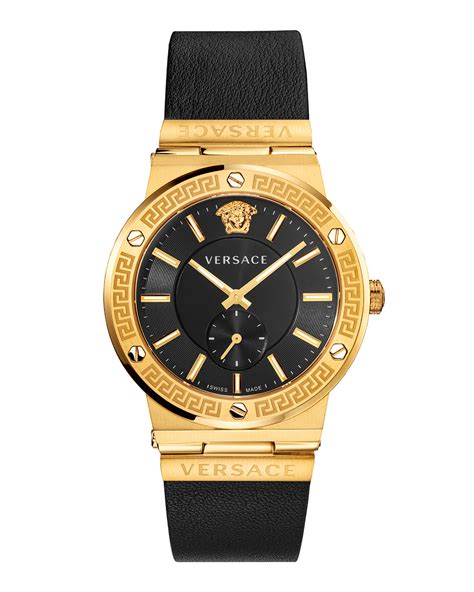 versace stainless steel & leather-strap gold watch|versace greca watches.